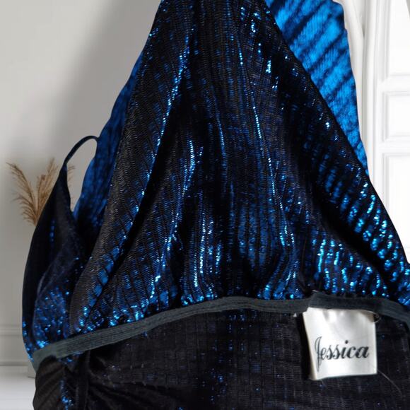 Vintage 80s Blue Metallic Pleated Ruched Disco Midi Dress Spaghetti Size S - Picture 11 of 16